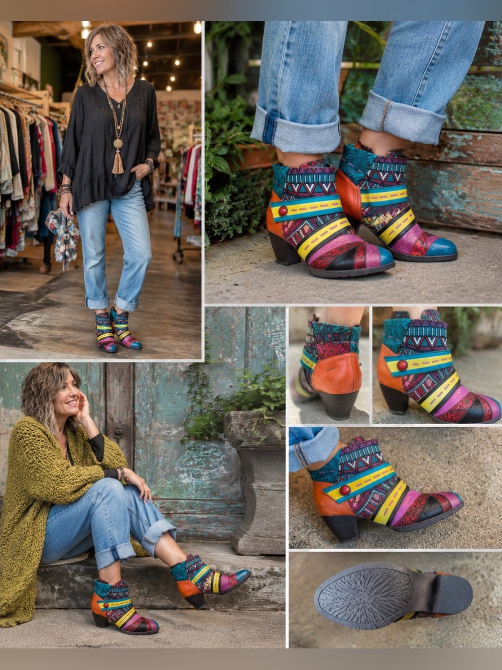 SOCOFY Bohemian Stitching Pattern Zipper Ankle Leather Boots Shoes Size 39 or 8